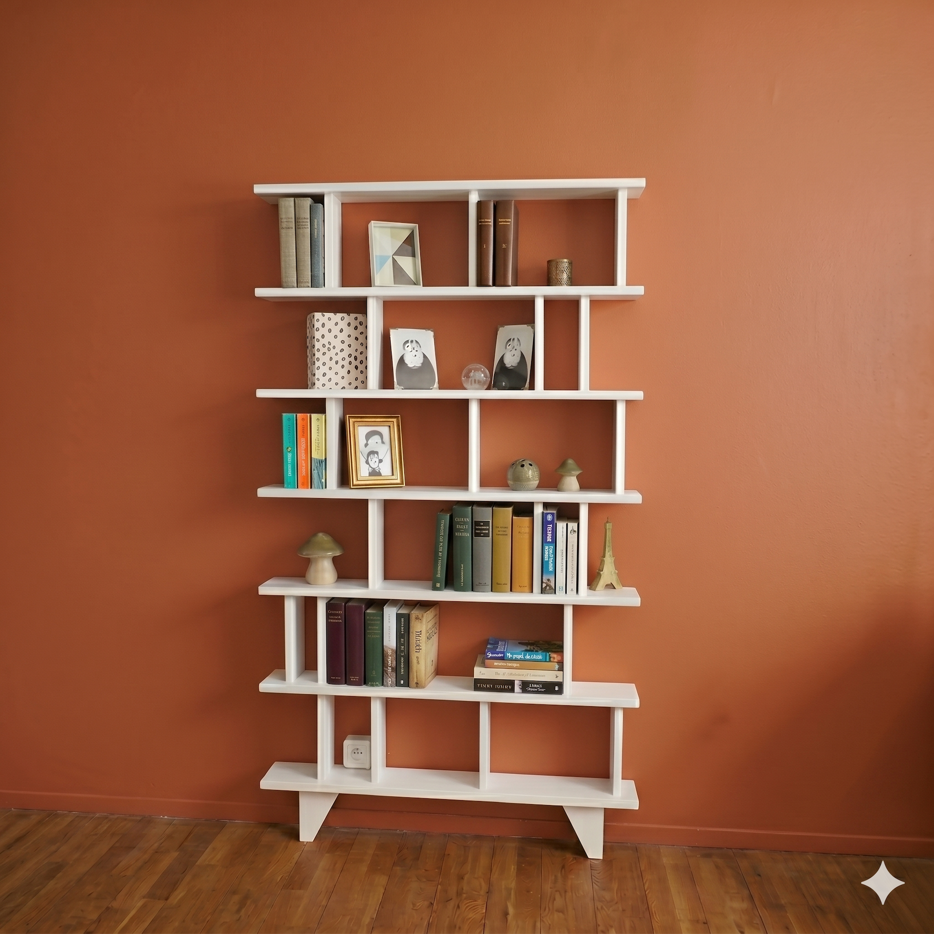 Bibliothèque blanche design en bois massif faible profondeur, idéale pour optimiser l’espace sans encombrer